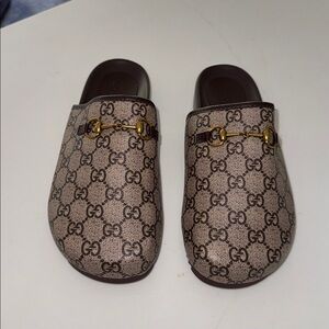 Beige and Brown Slip-On Mules with Gold Detail